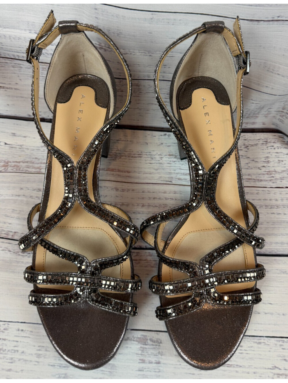 ALEX MARIE Libby gray bronze rhinestone strappy platform block sandals 9M NWT